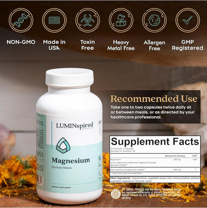 LUMINSPIRED HEALTH High Absorption (Magnesium Glycinate) 260mg - Magnesium Supplement for Muscle Relaxation, Bone Health & (Heart Health) - 160 Vegan Capsules, Non-GMO, Gluten-Free