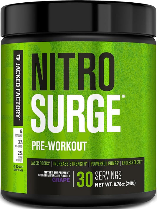 Jacked Factory NITROSURGE Pre Workout Supplement - Endless Energy, Instant Strength Gains, Clear Focus, Intense Pumps - Nitric Oxide Booster & Powerful Preworkout Energy Powder - 30 Servings, Grape