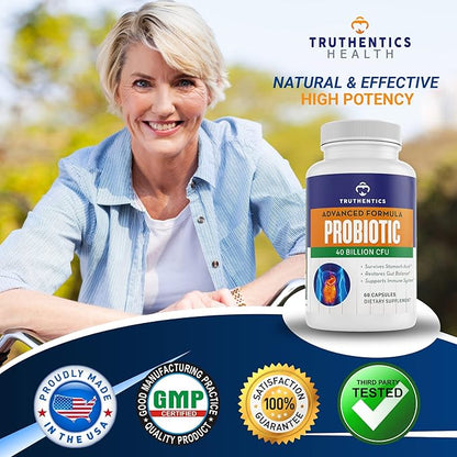 TRUTHENTICS Probiotic 40 Billion CFU with Prebiotics - Bifidobacterium Lactobacillus Acidophilus & Paracasei Probiotics for Men & Women - Gluten Free, Non-GMO, Shelf Stable - Made in USA - 60 Capsules