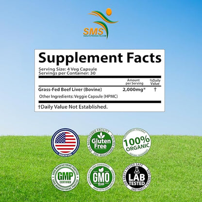 Grass Fed Desiccated Beef Liver Capsules (120 Pills, 500mg Each) - Natural Iron, Vitamin A, B12 for Energy - Humanely Pasture Raised Undefatted Without Hormones or Chemicals
