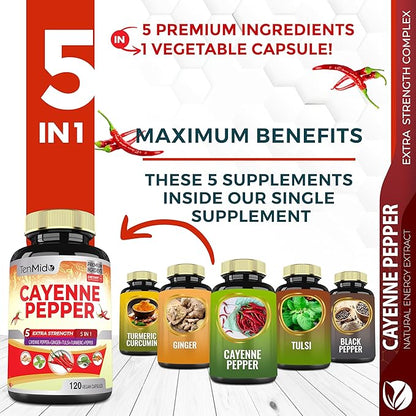 Cayenne Pepper Supplements Extract Capsules, 4 Months Supply with Ginger, Turmeric Curcumin, Tulsi, Black Pepper - Supports Immune System, Promotes Digestive System Function - 120 Vegan Capsules