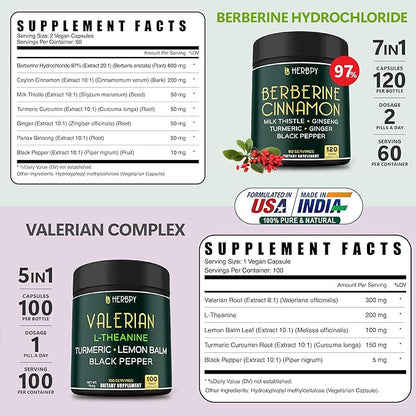 Bundle 7in1 Berberine HCl & 5in1 Valerian Root Supplement - Support Heart Health, Immune, Digestion and Relaxation