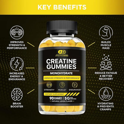 Creatine Monohydrate Gummies 5g - Vegan Creatine Gummies for Men & Women - Creatine Chews for Strength, Muscle, Energy, Endurance - Natural Lemon Flavor (2-Pack)