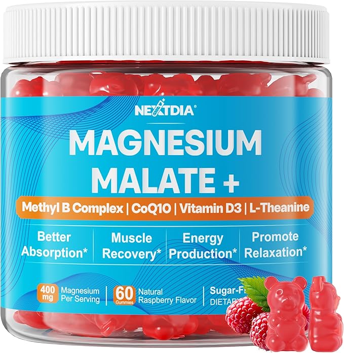 Magnesium Malate Gummies for Energy, Muscle, Calm & Relax Support - 400mg Magnesium Supplement with CoQ10-100mg, L-Theanine, Vitamin D3, B6, B12 & Folate 5-MTHF, Sugar Free Magnesium Vitamins, 1Pack