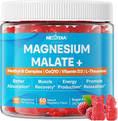 Magnesium Malate Gummies for Energy, Muscle, Calm & Relax Support - 400mg Magnesium Supplement with CoQ10-100mg, L-Theanine, Vitamin D3, B6, B12 & Folate 5-MTHF, Sugar Free Magnesium Vitamins, 1Pack