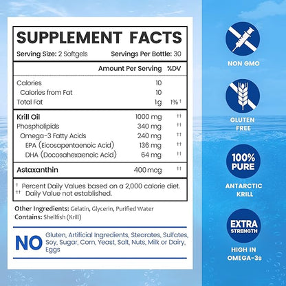 BioEmblem 3 Pack Antarctic Krill Oil 1000mg Softgels, Omega-3s Oil with High Levels of EPA + DHA, Astaxanthin, and Phospholipids, Supports Brain Health, 180-Count Non-GMO, Gluten Free, 90 Days Supply