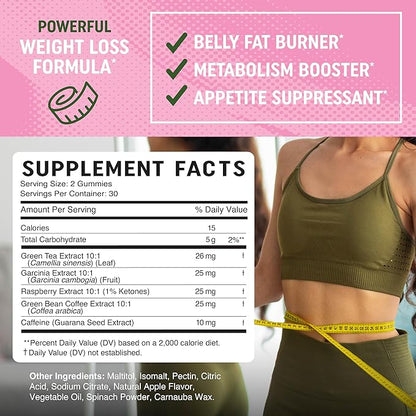 Women’s Fat Burner Gummies for Weight Loss | Green Tea, Green Coffee Bean, Garcinia Cambogia & Ketones | Fat Burners for Women Weight Loss Gummies | Green Tea Fat Burner Supplements | 60 Count