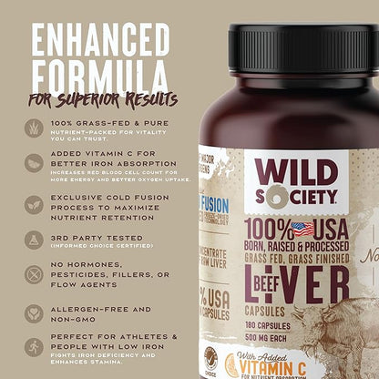 WILD SOCIETY - USA Grass Fed Beef Liver Capsules - 3000mg Max Strength for Energy, Stamina, Natural Detox, Hair & Nail - Non GMO, Allergen Free, Beef Liver Supplement - 180 Desiccated Capsules