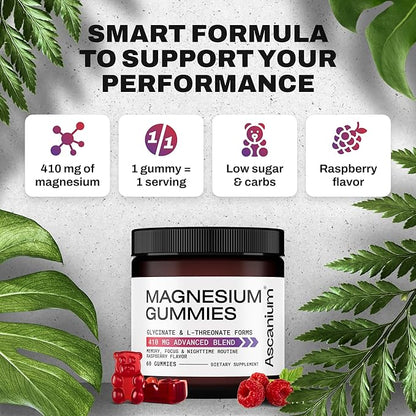 Magnesium Gummies - 410mg of Elemental Magnesium Glycinate & L-Threonate Supplement Complex - Vegan Magnesium Glycinate Gummies for Calm Mood, Muscle & Heart Support - Chewable Magnesium Gummy 60 pcs