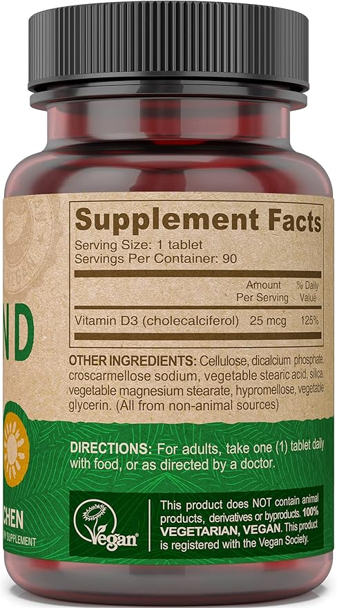 DEVA Vegan Vitamin D3 Supplement - Once-Per-Day Tablet with 1000 IU - Cholecalciferol - Lichen Plant Derived - 90 Small Tablets, 2-Pack