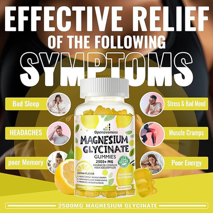 Magnesium Glycinate Gummies 2500mg - Sugar Free Magnesium Potassium Supplement with Vitamin D, B6, CoQ10 for Calm Mood & Sleep Support - 90 Lemon Gummies