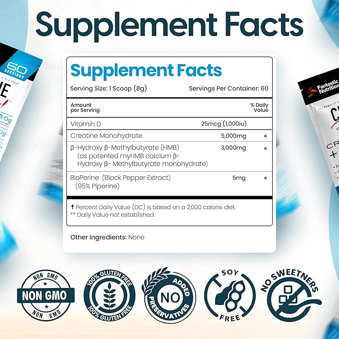Creatine Fantastic 5g Creapure Creatine Plus 3g of myHMB for Increased Strength, Improved Muscle Growth, Enhanced Athletic Performance, and Extra Energy – 60 Servings, Unflavored