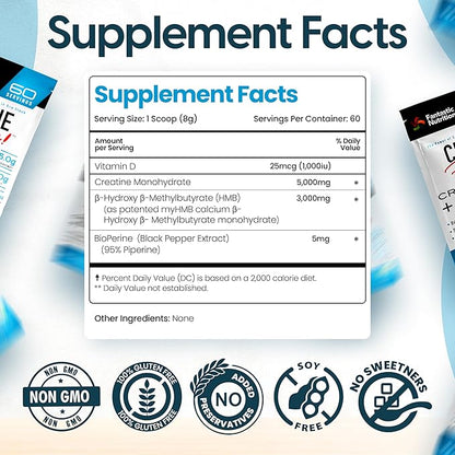 Creatine Fantastic 5g Creapure Creatine Plus 3g of myHMB for Increased Strength, Improved Muscle Growth, Enhanced Athletic Performance, and Extra Energy – 60 Servings, Unflavored