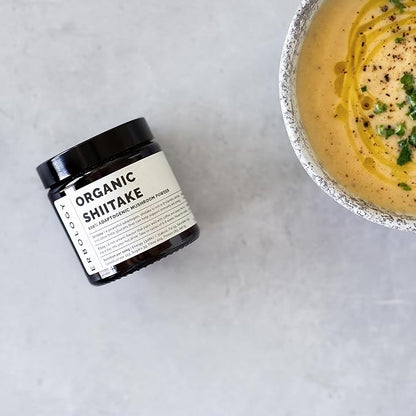 Erbology Organic Shiitake Mushroom Powder 50 Servings - 11% Beta-glucans - Immunity and Energy - Lentinula edodes - Small Batch - Sustainably Grown in Europe - Vegan - Non-GMO - No Added Fillers