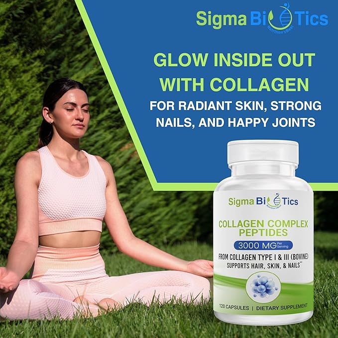 Sigma Biotics Collagen Peptides - Hydrolyzed Collagen Capsules for Hair, Skin, Nails, and Joint Support - High-Strength Collagen Supplements with Type I & III - 3000 mg per Serving - 120 Pills
