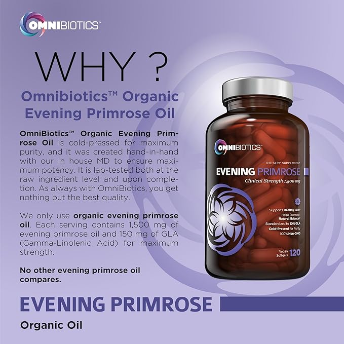 Organic Evening Primrose Oil for Women, Clinical Strength 1500mg per Capsule - 10% GLA, Cold-Pressed, Non-GMO, Hormone Balance for Women, Aceite De Onagra Organico - 120 Vegan Softgel Capsules