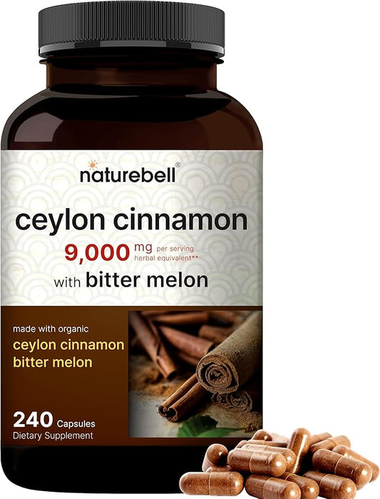 NatureBell Ceylon Cinnamon 9,000mg Per Serving, 240 Capsules | Made with Organic Sri Lanka Ceylon Cinnamon and Organic Bitter Melon, 2 in 1 Support – Non-GMO, No Gluten