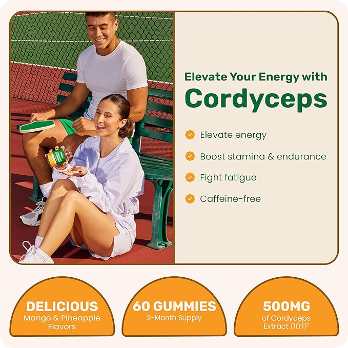 Fungies Cordyceps Mushroom Gummies, Mango & Pineapple Flavor - Mushroom Herbal Supplement Gummy for Adults Supports Endurance, Energy & Performance - Caffeine-Free Energy Gummies - 60 Servings