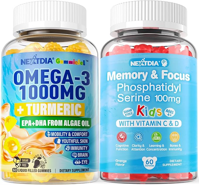 Sugar Free Phosphatidylserine Gummies for Kids 2 Pack + Vegan Omega-3 Gummies 1000mg 1 Pack