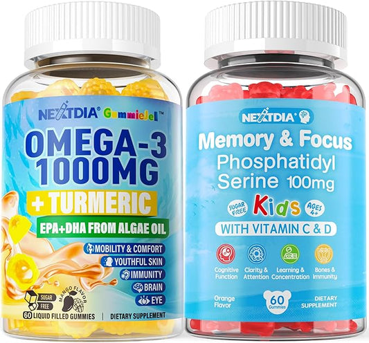 Sugar Free Phosphatidylserine Gummies for Kids 2 Pack + Vegan Omega-3 Gummies 1000mg 1 Pack