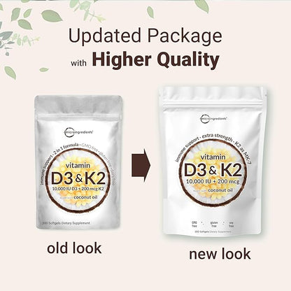 2 Pack Vitamin D3 10000 iu Plus K2 (MK-7) 200 mcg, 300 Virgin Coconut Oil Softgels | 2 in 1 Vitamins D & K Complex | Supports Calcium Absorption, Bone, Immune, & Heart Health – Easy to Swallow