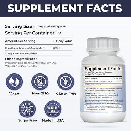 Liposomal Glutathione Non-GMO, Gluten Free 500mg Supplement - May Provide Immune Support, Liver Detox, Brain Health and Heart Health - 60 Glutathione Capsules