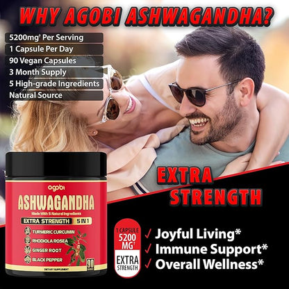 Ashwagandha Capsule 5in1-90 Vegan Capsules Blended with Ginger, Turmeric, Rhodiola Rosea & Black Pepper