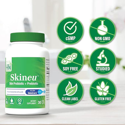 Health Thru Nutrition Skineu - Skin Probiotic + Prebiotic | Supports Skin Hydration & Elasticity | Clinically Studied Ingredients |3rd Party Tested, Non-GMO & Gluten-Free | 30 VegeCapsules