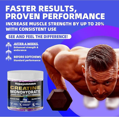 Creatine Monohydrate Soft Chews 5g for Men & Women, Preworkout Gummy with Electrolyte for Muscle Growth, Strength & Energy Support, Blueberry 60 pcs