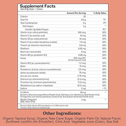 Chewsy Kids' Multivitamin + Probiotics + Superfoods Chews, Immune & Digestive Support, Vitamins A, C, D3, E, Zinc, Kids Chewable Supplement, Individually Wrapped Fruity Chews, 6-Day Supply (1)