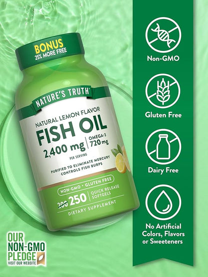 Nature's Truth Burpless Fish Oil 2400mg | 250 Softgels | 720 mg Omega 3 | Natural Lemon Flavor Pills | Non-GMO & Gluten Free Supplement