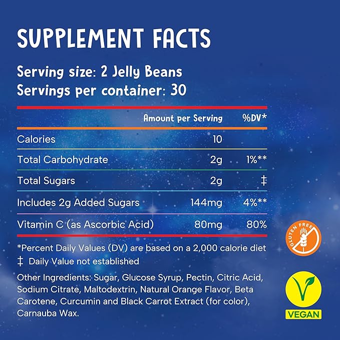 Vitamin C Super Jelly Beans Immune Support Supplement, 80mg, Chewable Gummy Jellybeans for Kids, Vegan and Gluten Free, Natural Orange Flavor, 60 Beans