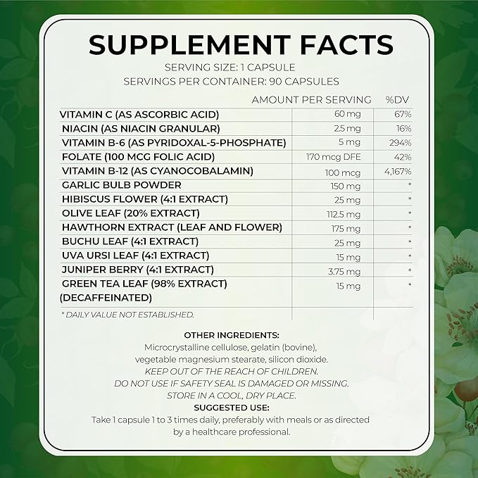 Blood Pressure Support Supplements – Featuring Hawthorn Berry, Hibiscus, Olive Leaf, Garlic Supplements, and Vitamin B12 for Nitric Oxide Supplement and Normal Blood Pressure - 90 caps