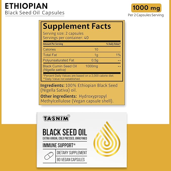 Tasnim Black Seed Oil Organic Cold Pressed Capsules 100% Pure Cold-Pressed Black Cumin Seed Oil Nigella Sativa for Immune Support, Joint Comfort and Vitality
