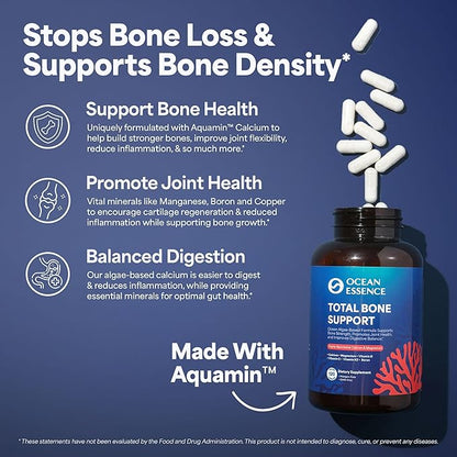 OCEAN ESSENCE Total Bone Support - Plant-Based Algae Calcium Supplement for Supporting Bone Density & Strength - for Men & Women 35+ - 120 Natural Calcium Capsules - Vitamins for Optimal Health