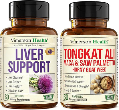 Liver Cleanse Detox & Repair Milk Thistle Supplement for Older Adults & Tongkat Ali for Men with Horny Goat Weed, Maca Root Powder, Tribulus Terrestris, and Saw Palmetto 2-Pack Bundle