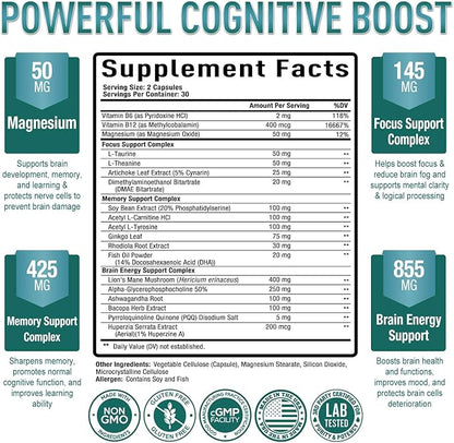 Purely Optimal Brain Supplement for Memory and Focus - Nootropic Support with Lion’s Mane, Alpha-GPC, Ginko Biloba, & Bacopa Monnieri - 60 Capsules