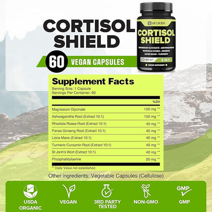 8in1 Cortisol Shield - Ashwagandha and Magnesium, Rhodiola Rosea, Lions Mane, Gingsen, and 3 More - Relaxation & Restful Night Support & Mood Balance - 60 Count