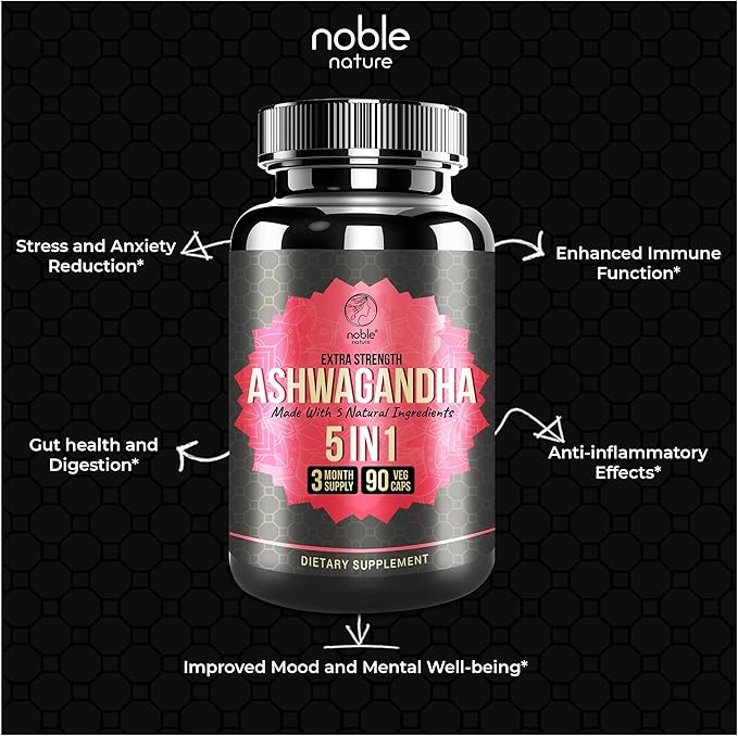 Ashwagandha Supplement with Turmeric, Rhodiola Rosea, Ginger Root, and Black Pepper Extract - 90 Veg Capsules