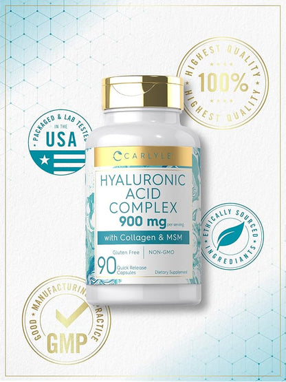 Carlyle Hyaluronic Acid Complex 900 mg | with Collagen and MSM | 90 Capsules | Non-GMO, Gluten Free Supplement