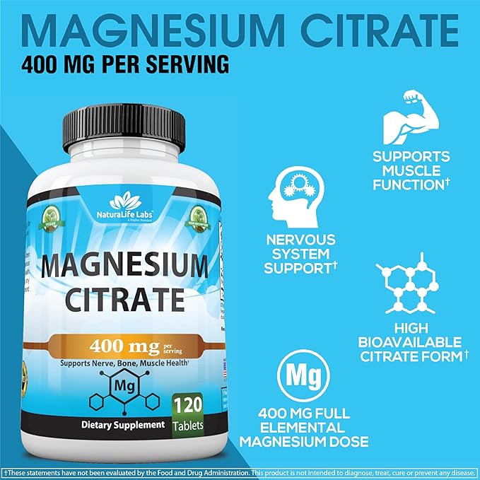 Magnesium Citrate 400 mg - High Potency Elemental Magnesium Essential Mineral for Heart, Muscle, & Digestion Support – Non-GMO - 120 Tablets