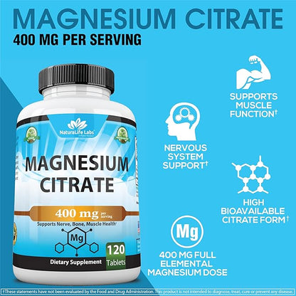 Magnesium Citrate 400 mg - High Potency Elemental Magnesium Essential Mineral for Heart, Muscle, & Digestion Support – Non-GMO - 120 Tablets
