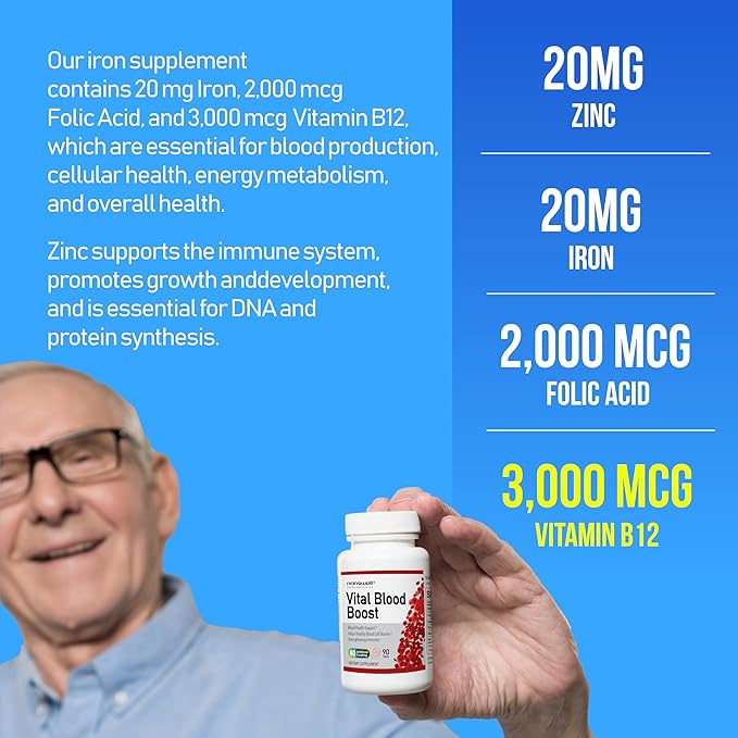 Vital Blood Boost - Dietary Supplement for White and Red Blood Cell Support - Iron with Selenium, Zinc, Vitamin B12 & Folic Acid - 90 Tablets, 90 Day Supply