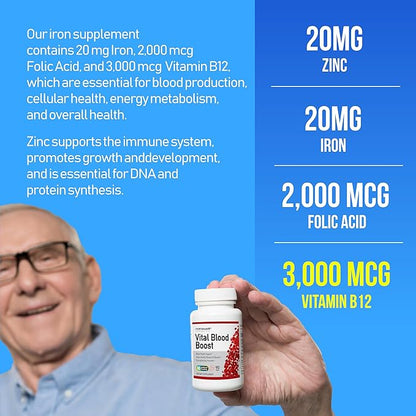 Vital Blood Boost - Dietary Supplement for White and Red Blood Cell Support - Iron with Selenium, Zinc, Vitamin B12 & Folic Acid - 90 Tablets, 90 Day Supply