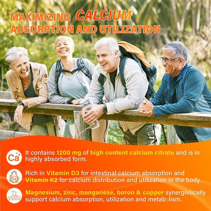 Calcium 1200 mg with Vitamin D3 Supplement for Adults - Calcium Gummies with 5000iu Vitamin D3, K2, B6, B12, Magnesium & Zinc - Calcium Supplement for Women Men - Easy to Digest, Vegan