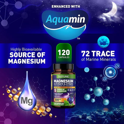 Magnesium Complex 500mg - 5 Forms of Magnesium Glycinate, Citrate, Malate, Oxide & Aquamin with 72 Trace Minerals - Chelated for Absorption - Supplement for Muscle, Nerve, Heart & Sleep (120 Capsules)