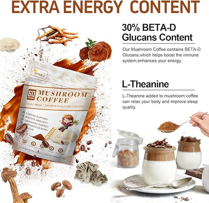 Mushroom Coffee Powder Organic (60 Servings) Instant Coffee Natural Ingredients - Lion's Mane, Cordyceps, Reishi, Chaga Mushrooms Powder Supplement Better Focus and Immunity, Gut Digestion