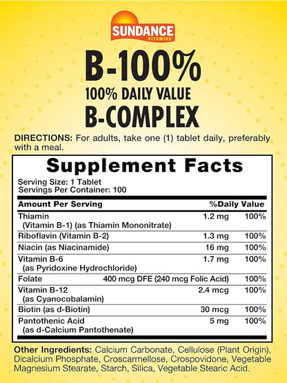 Sundance Vitamin B-Complex 100% Daily Value | 100 Tablets | Vegetarian, Non-GMO, and Gluten Free Supplement
