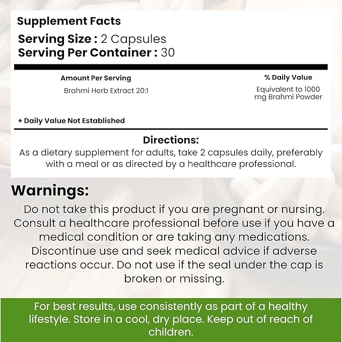 Brahmi Capsules – 120 Count | Herbal Brain & Wellness Support | Whole Green Superfood | Non-GMO, Gluten-Free