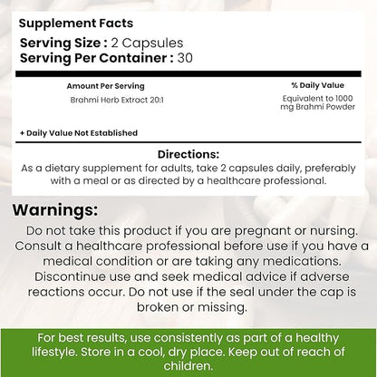 Brahmi Capsules – 120 Count | Herbal Brain & Wellness Support | Whole Green Superfood | Non-GMO, Gluten-Free